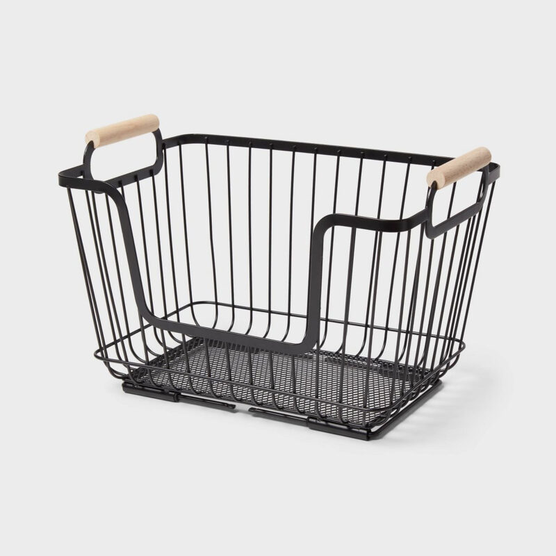 Metal Stackable Wire Pantry Basket with Rubber Wood Handle Black - Brightroom™: Kitchen Storage...