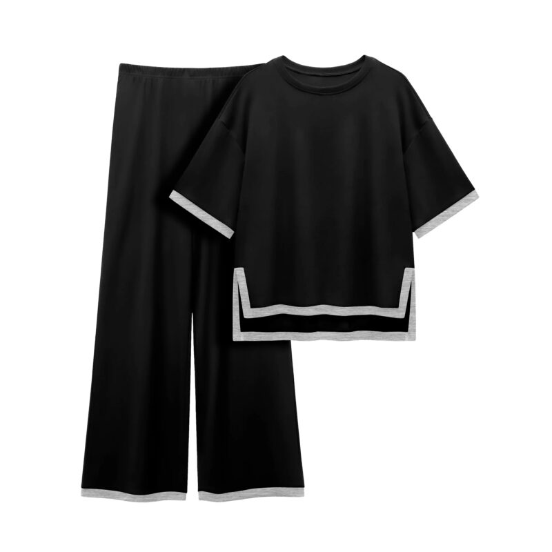 MINTREUS Women's Cotton 2-Piece Loungewear Short-Sleeve Round-Neck Pullover Top Wide-Leg Pants Wo...