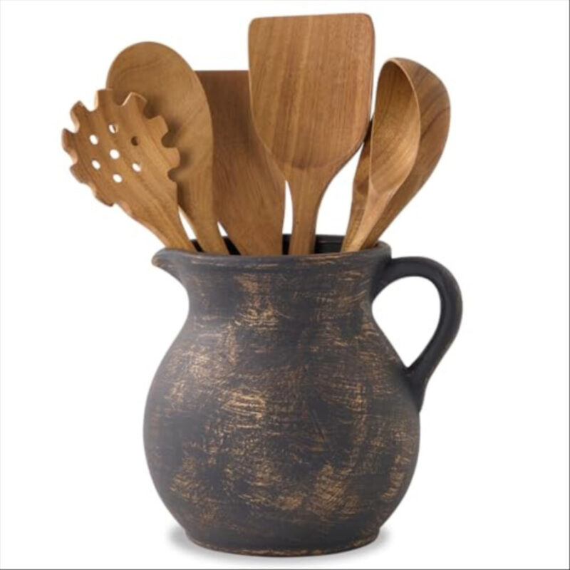 MIYUKI Rustic Kitchen Utensil Holder - 7.6 Inch Ceramic Utensil Crock for Countertop, Vintage Kitchen Counter Decor