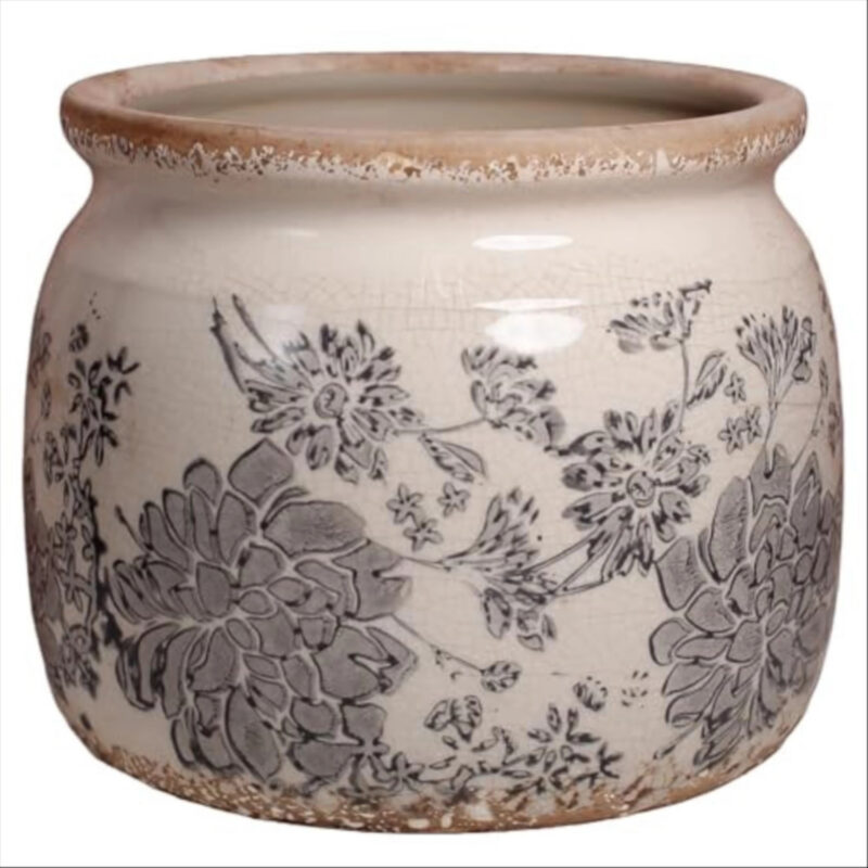Modern Farmhouse Ceramic Planter for Home Decor, 6.29 Inch Vintage Plant Pot Indoor with Drainage Hole for Succulent Rosemary Plant, Distressed Pottery Vase for Office Balcony Decoration & Gift (Gray)