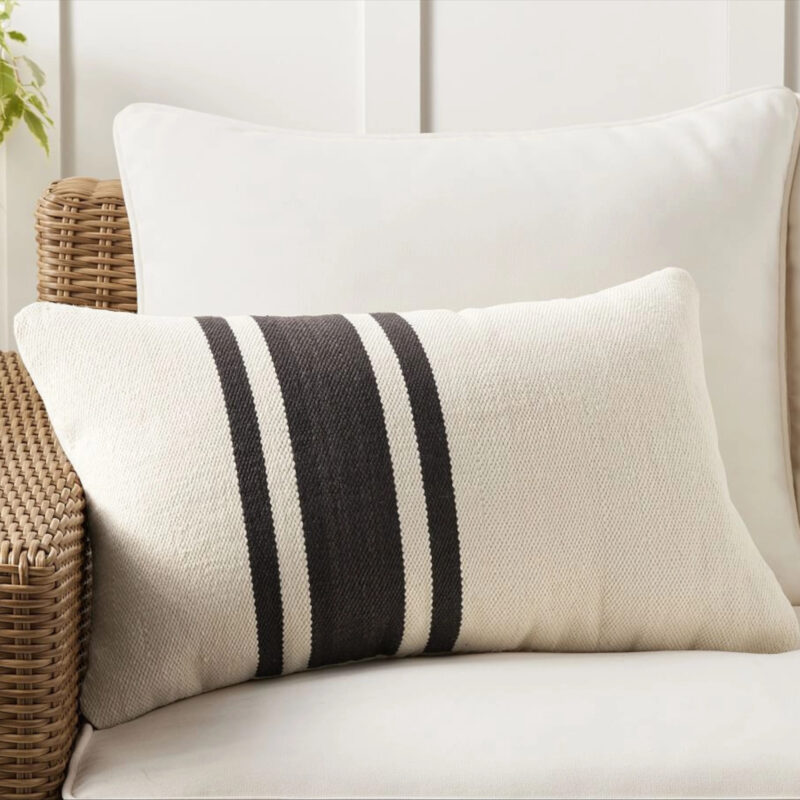 Modern Farmhouse Striped Outdoor Lumbar Pillow, Black, 16"" x 26
