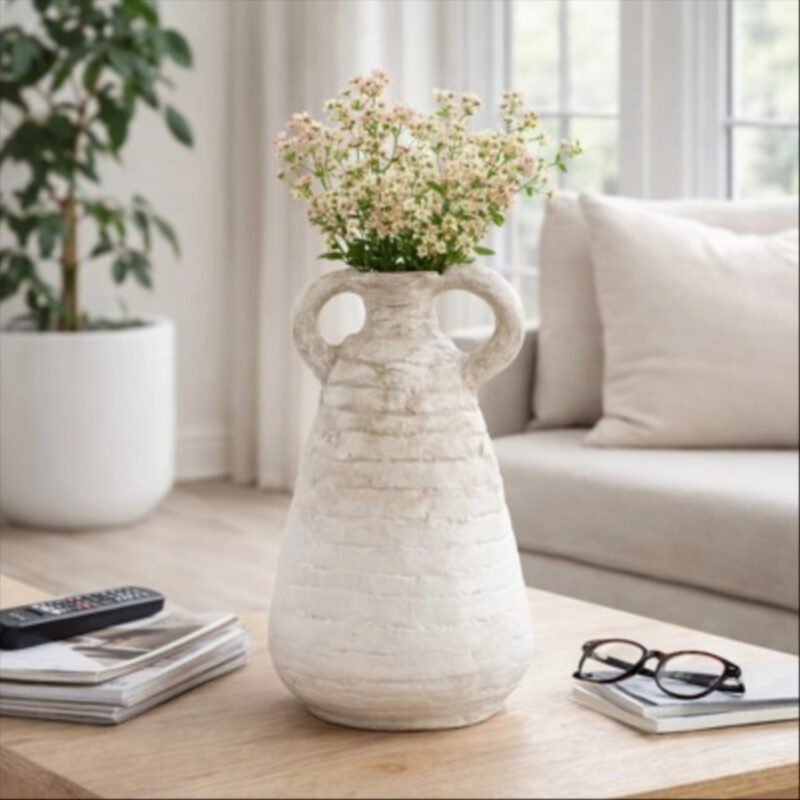 Modern Terracotta Vase - Handcrafted Decorative Amphora - Ceramic Accent for Home & Office Decor - Living Room, Bedroom, & Tabletop - 18" Ivory & Tan