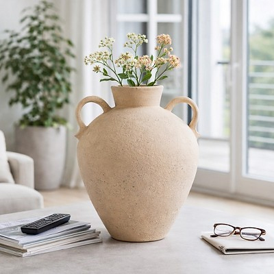 Modern Terracotta Vase - Handcrafted Pottery Jug with Handles - Rustic Decorative Vase for Home, Office, Room & Tabletop - 17", Ivory & Tan