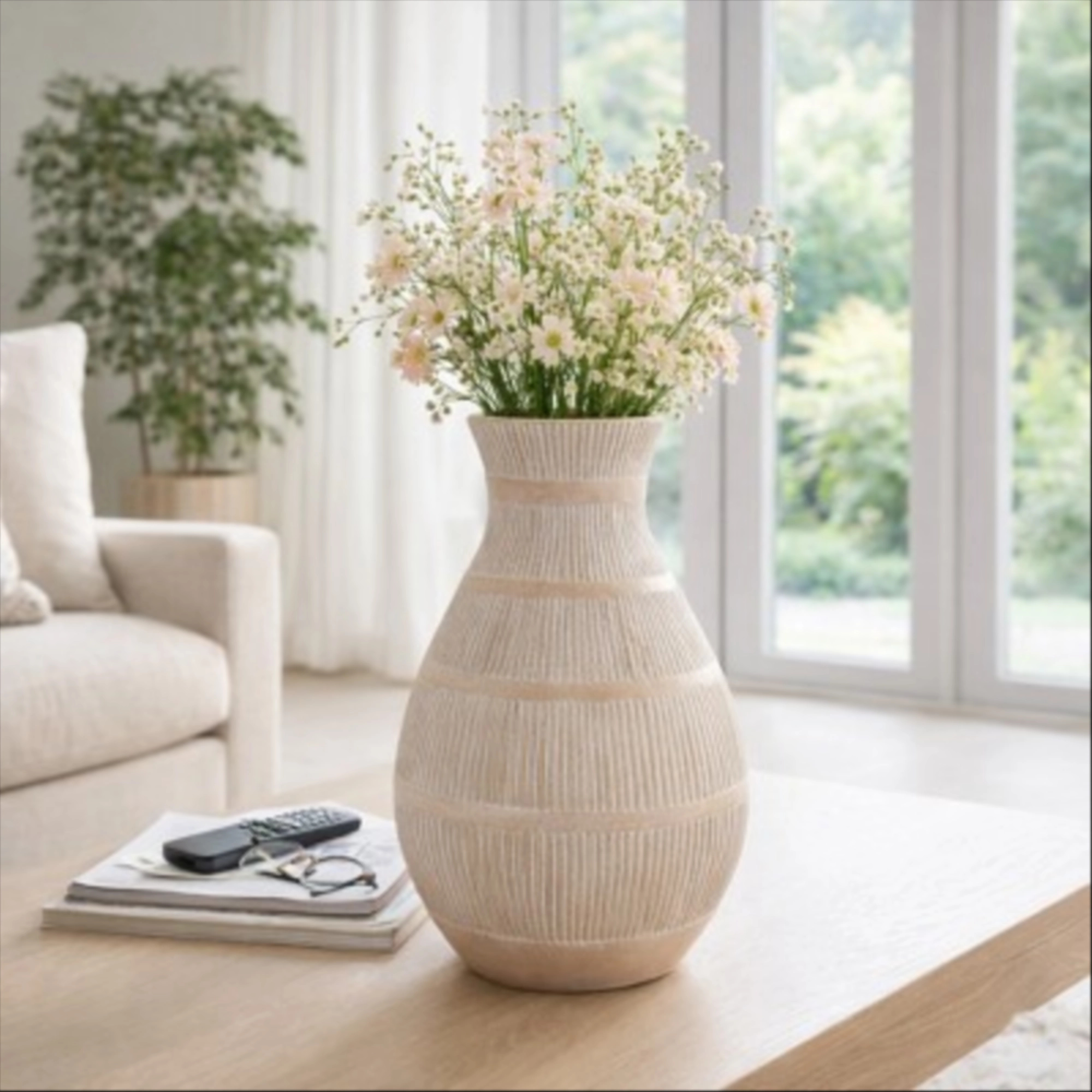 Modern Terracotta Vase for Living Room Decor - Decorative Flower Vase for Home, Dining Room, Bedroom, or Office - 19", Ivory & Tan