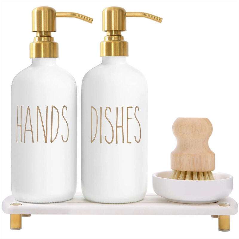 MOMEEMO Gold Soap Dispenser Set Comes with Stainless Steel Pumps, Instant Dry Tray, and Dish Scru...