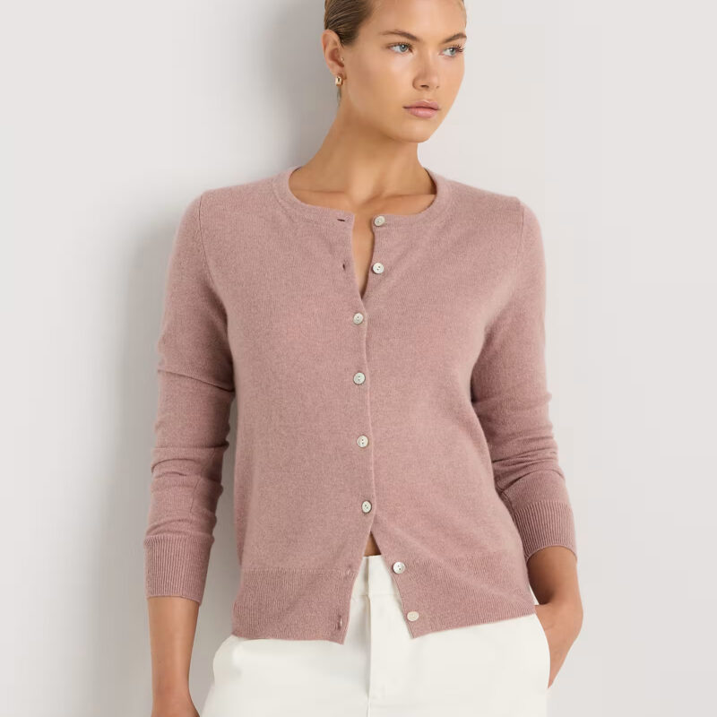 Mongolian Cashmere Cardigan Sweater in Heather Vintage Pink