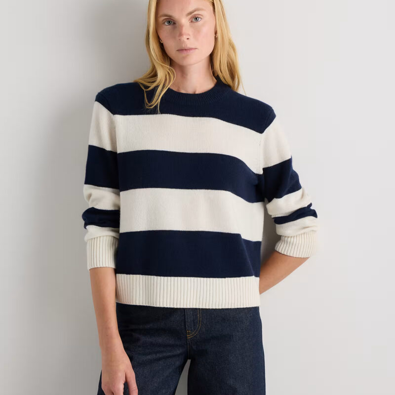 Mongolian Cashmere Oversized Crewneck Sweater in True Navy/Ivory Rugby Stripe