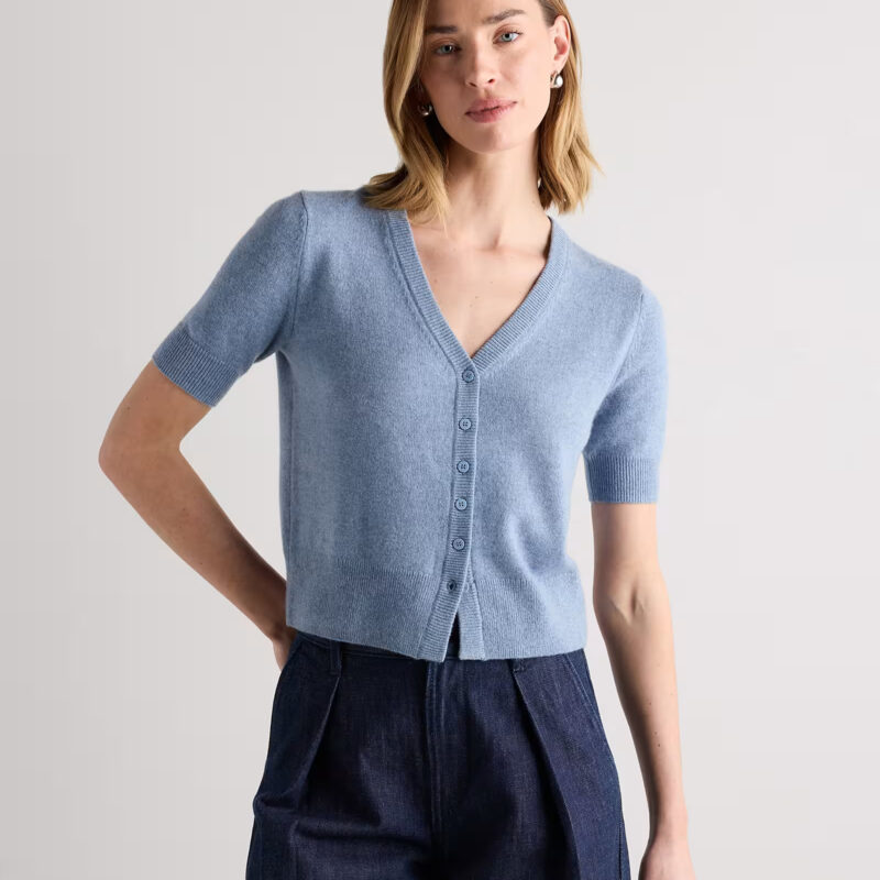 Mongolian Cashmere Short Sleeve Cardigan in Faded Denim