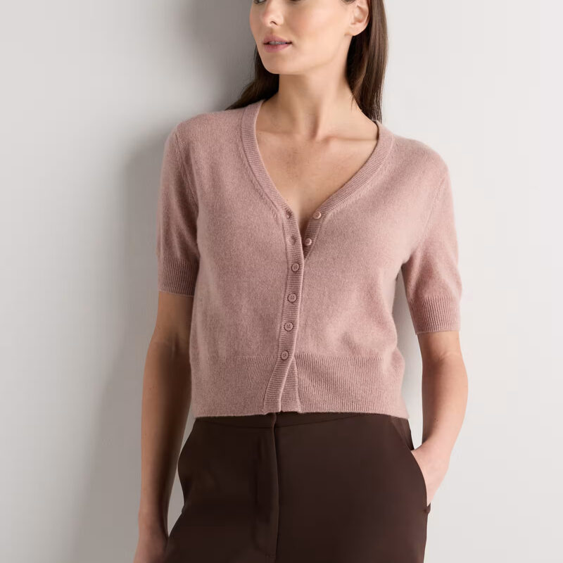 Mongolian Cashmere Short Sleeve Cardigan in Heather Vintage Pink