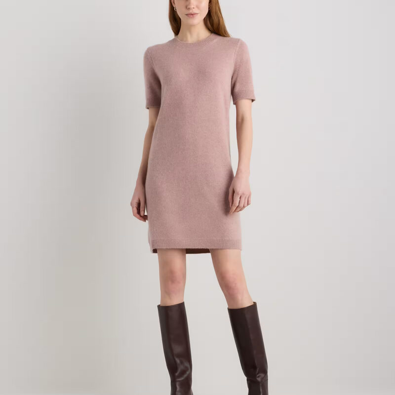 Mongolian Cashmere Short Sleeve Mini Dress in Heather Vintage Pink