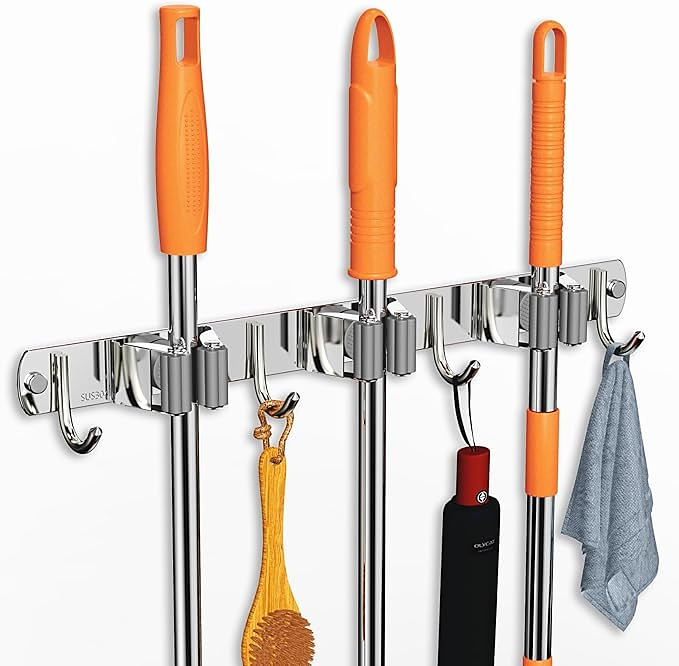 Mop and Broom Holder Wall Mount, Upgraded Broom Organizer Wall Mount, Stainless Steel Broom Hange...