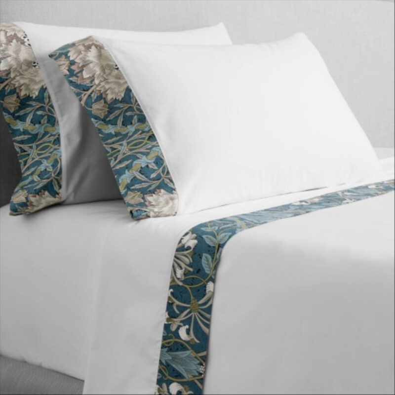 Morris & Co Honeysuckle Tulip Cuffed Sheet Set, King Case Pair, Teal Blue