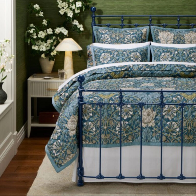 Morris & Co Honeysuckle Tulip Quilt & Shams, Queen Quilt, Teal Blue