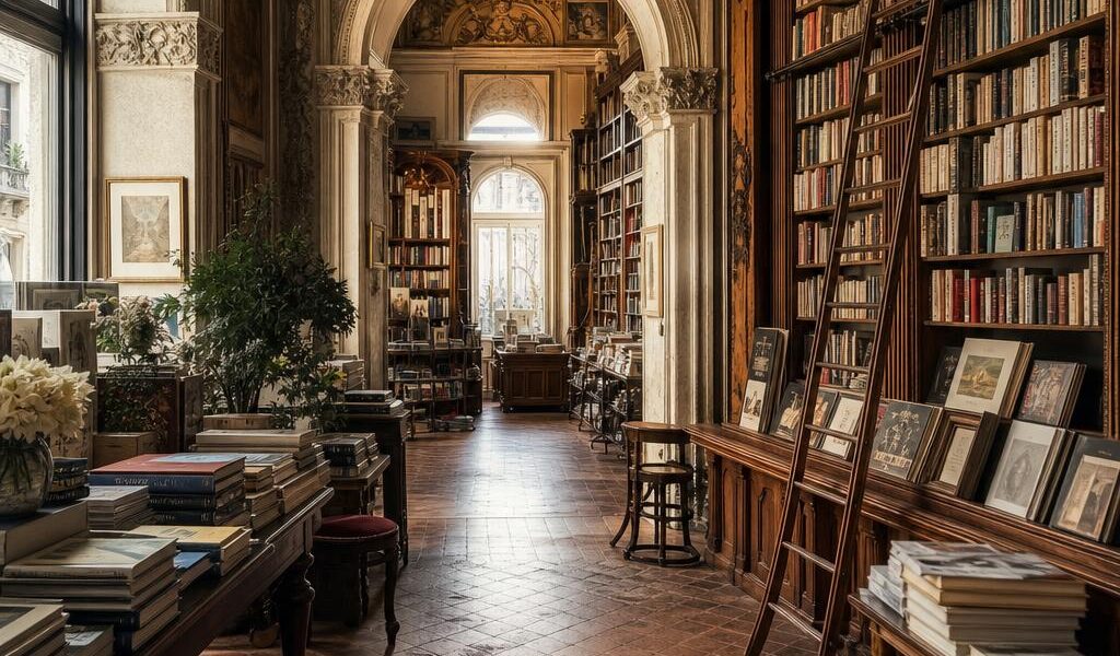 An ornate historic European bookstore with tall wooden bookshelves and arched architecture