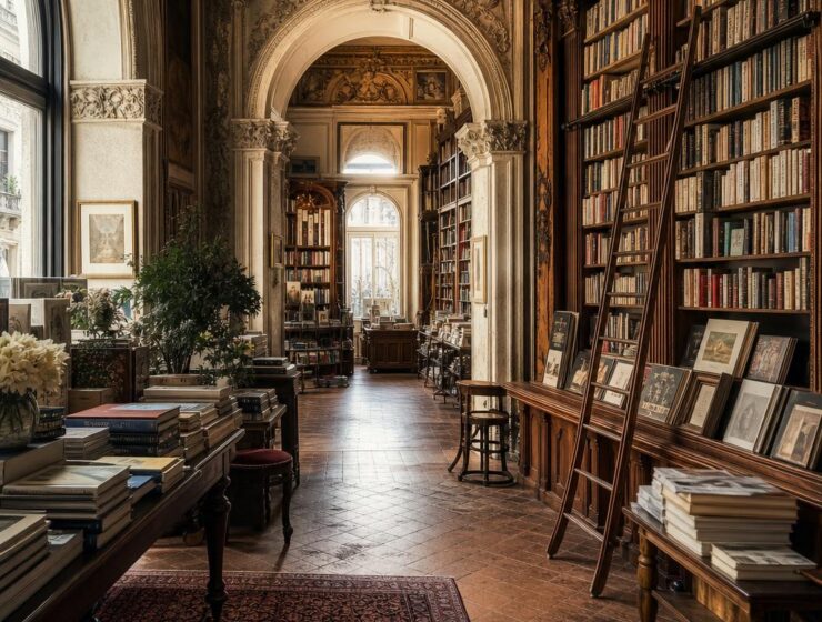 An ornate historic European bookstore with tall wooden bookshelves and arched architecture