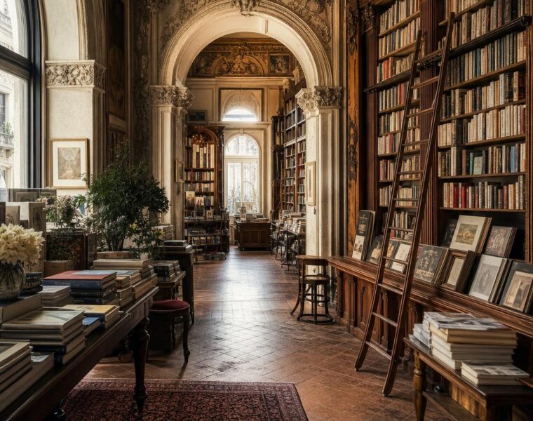 An ornate historic European bookstore with tall wooden bookshelves and arched architecture