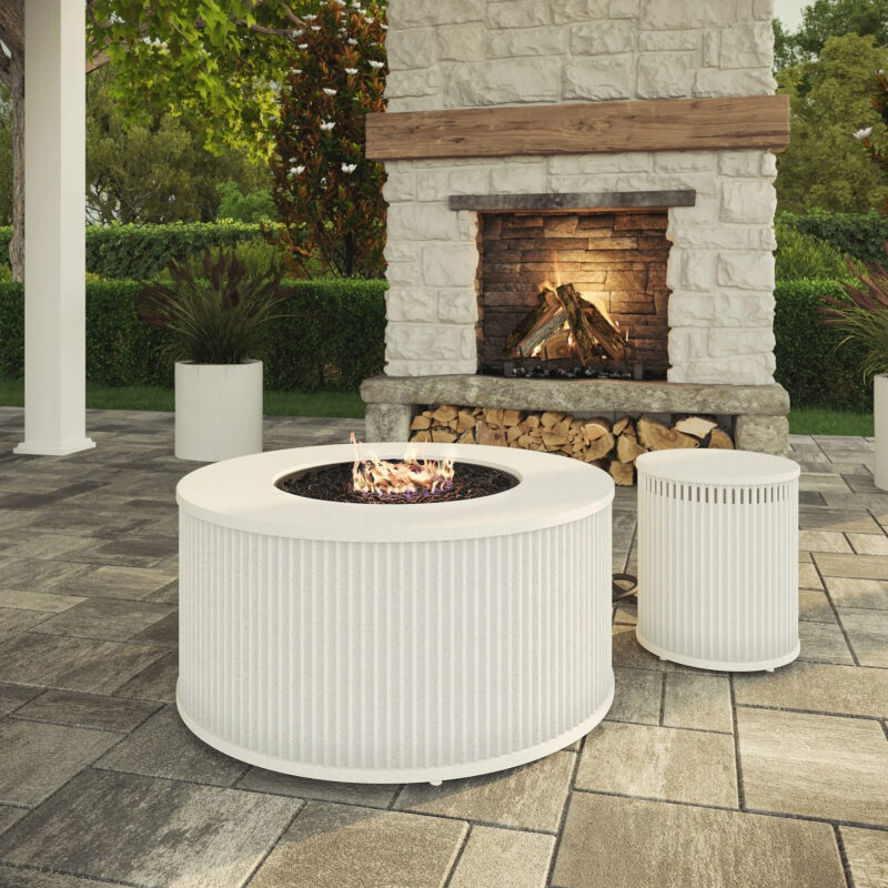 My Texas House 33" Round Fluted Faux Stone Finish Gas Fire Pit with Separate Tank Cover, White