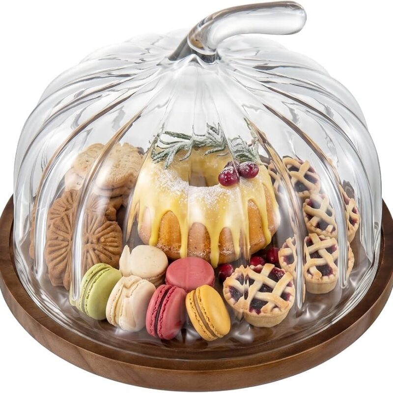 MyGift Pumpkin Glass Cloche with 9.5-Inch Pine Wood Base