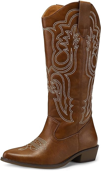 mysoft Women's Cowboy Boots Mid Calf Western Embroidered Pointed Toe Chunky Heel Pull On Cowgirl ...