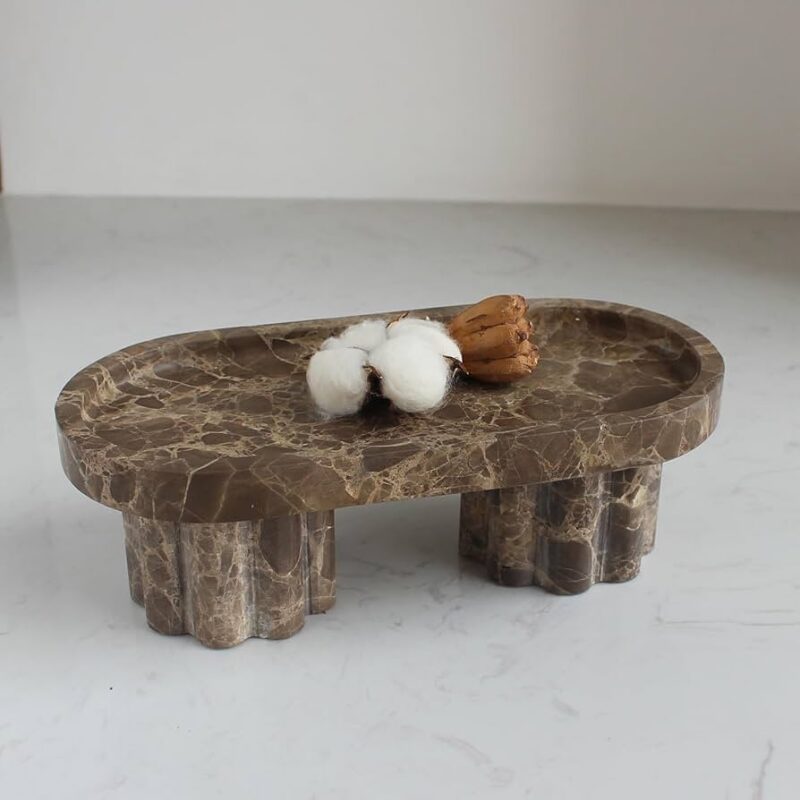 Natural Travertine Marble Oval Tray with 2 Legs, 10" Vanity Decorative Tray for Countertop Organi...