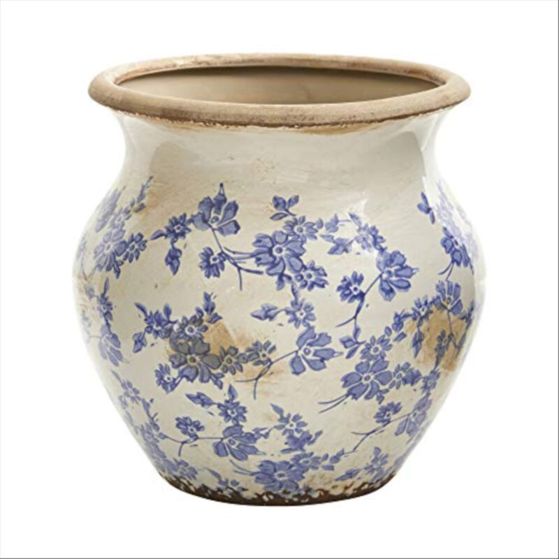 Nearly Natural 10.5in. Tuscan Ceramic Blue Scroll Urn Vase, Green
