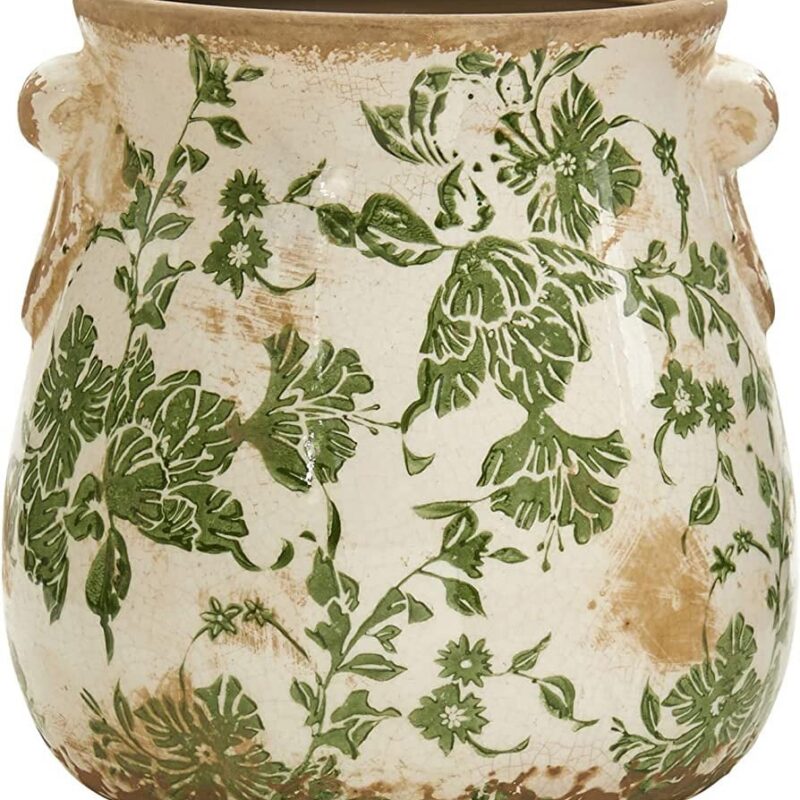 Nearly Natural 6.5 in Tuscan Ceramic Green Floral Scroll Decorative Vase