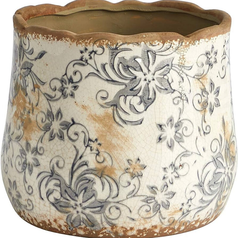Nearly Natural 7in Ceramic Decorative Planter Tuscan Style Gray Scroll Design for Indoor Home She...
