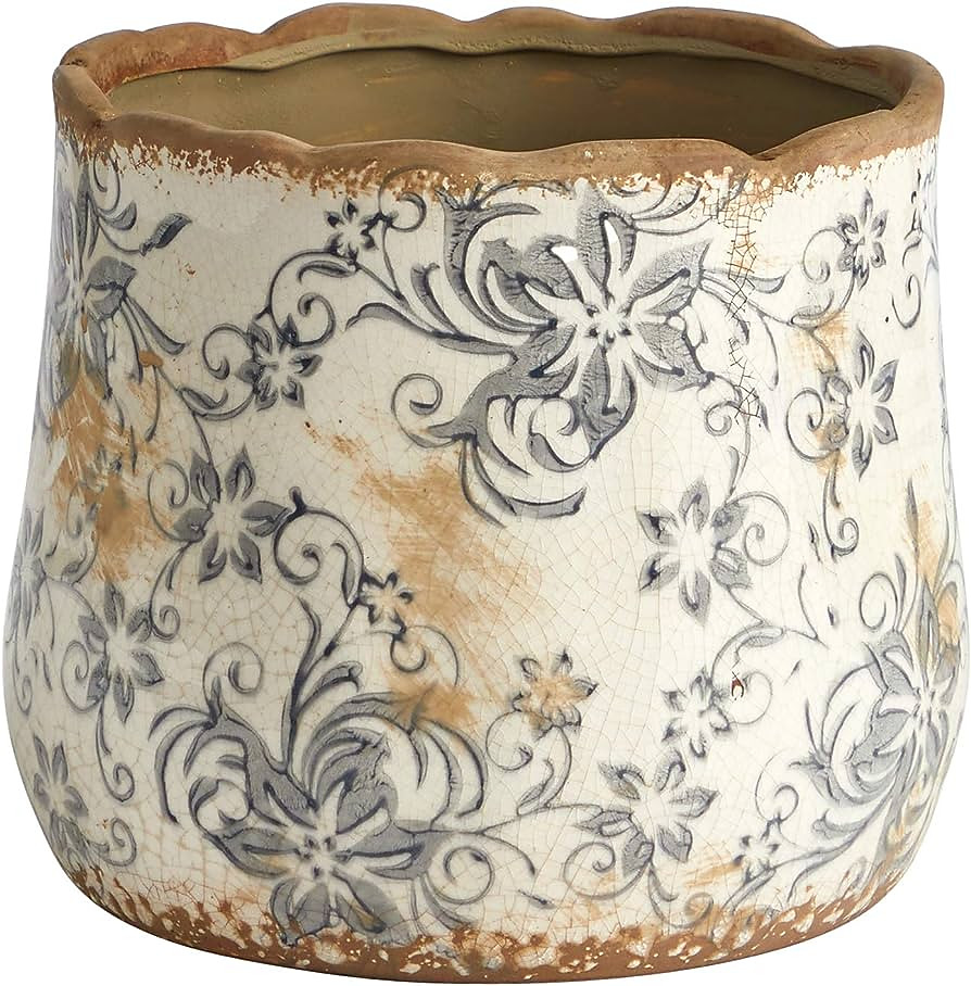 Nearly Natural 7in Ceramic Decorative Planter Tuscan Style Gray Scroll Design for Indoor Home She...