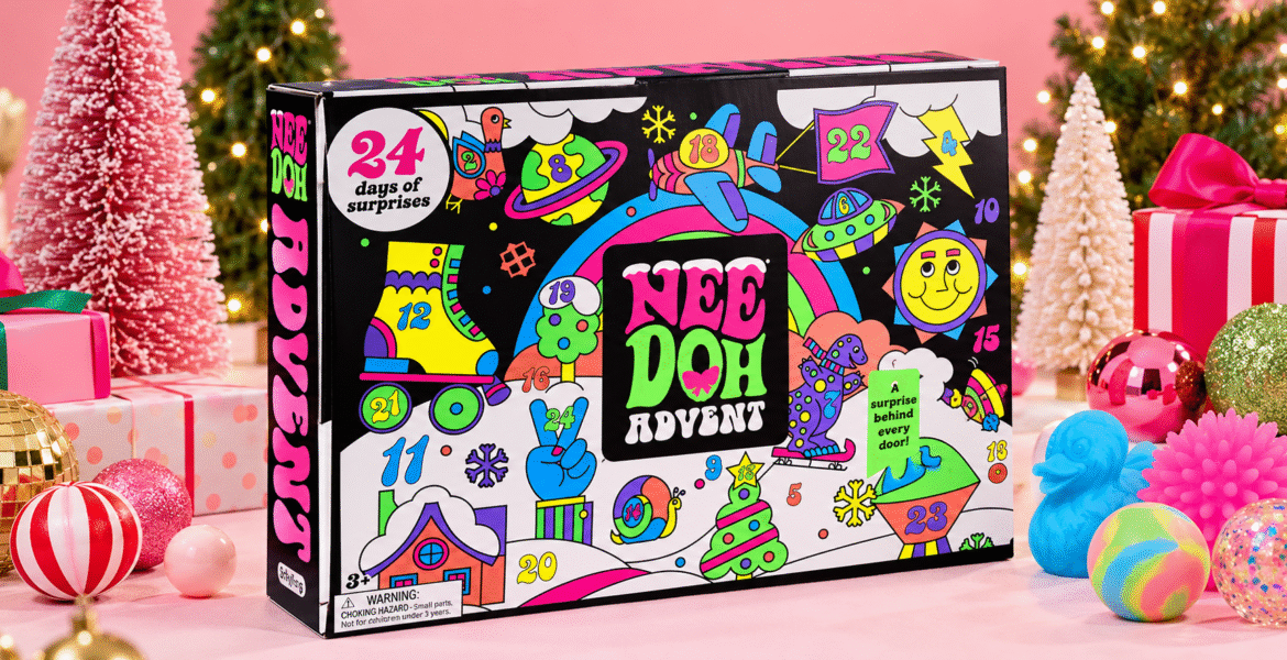 NeeDoh Squishmas Advent Calendar displayed with festive decorations and colorful squishy toys