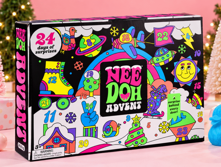 NeeDoh Squishmas Advent Calendar displayed with festive decorations and colorful squishy toys