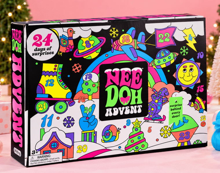NeeDoh Squishmas Advent Calendar displayed with festive decorations and colorful squishy toys