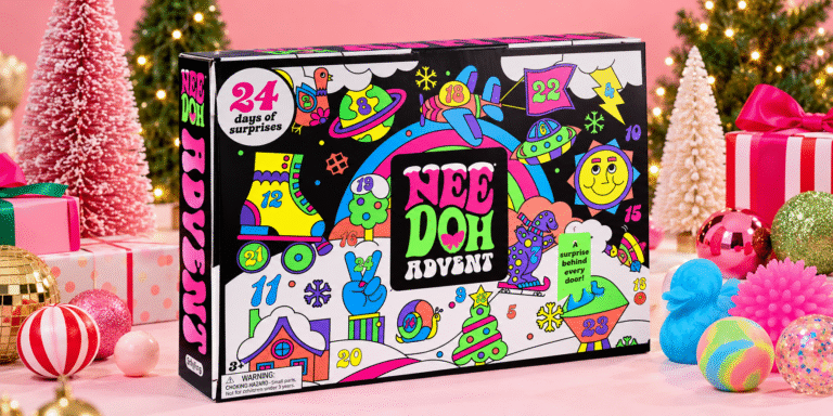 NeeDoh Squishmas Advent Calendar displayed with festive decorations and colorful squishy toys