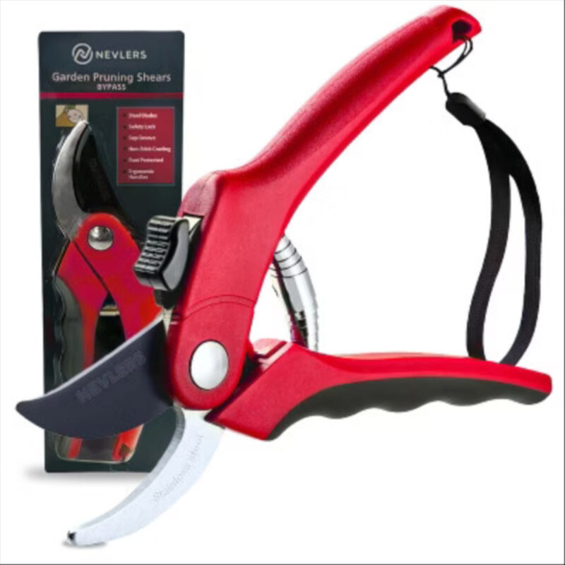 Nevlers Bypass Garden Shear Hand Pruners - Stainless Steel Blades, Red