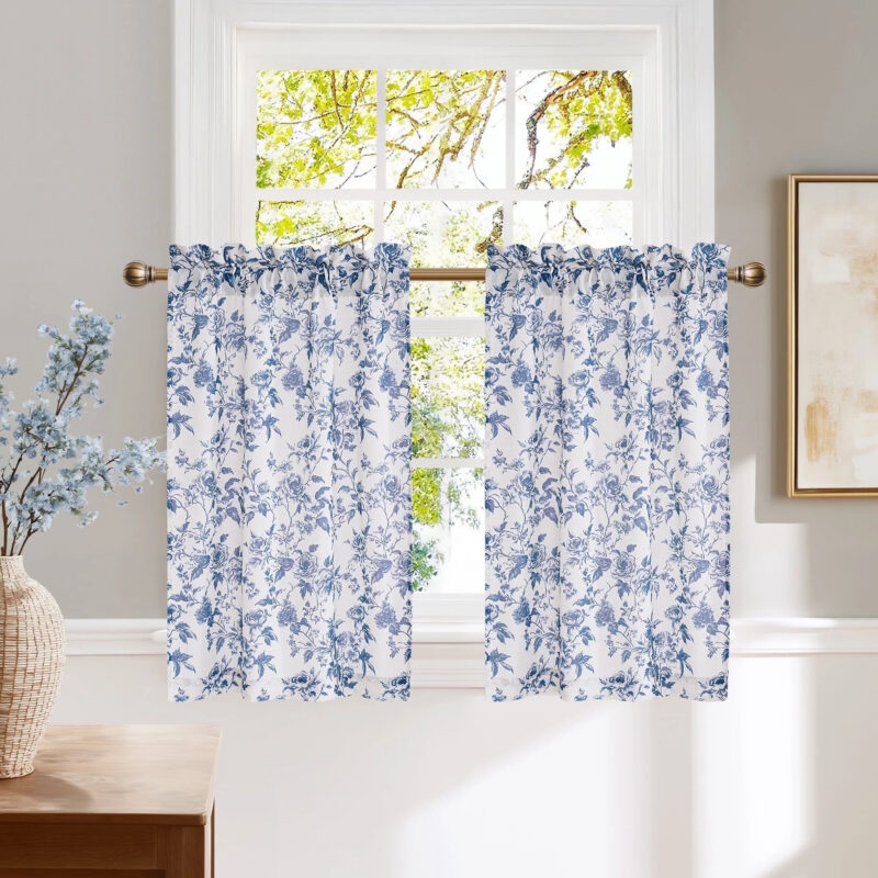 NICETOWN Floral Kitchen Curtains, Blue Peony Flower Linen Cafe Curtains Rod Pocket Vintage Light ...