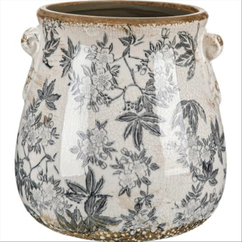 Ninehaoou Ceramic Scroll Planter 6.5 Inch Chinoiserie Floral Vase with Drainage Holes Vintage Flower Vase Flower Pot Rustic Ceramic Pots for Indoor Plants Garden Home Bookshelf Decor(Retro Gray)