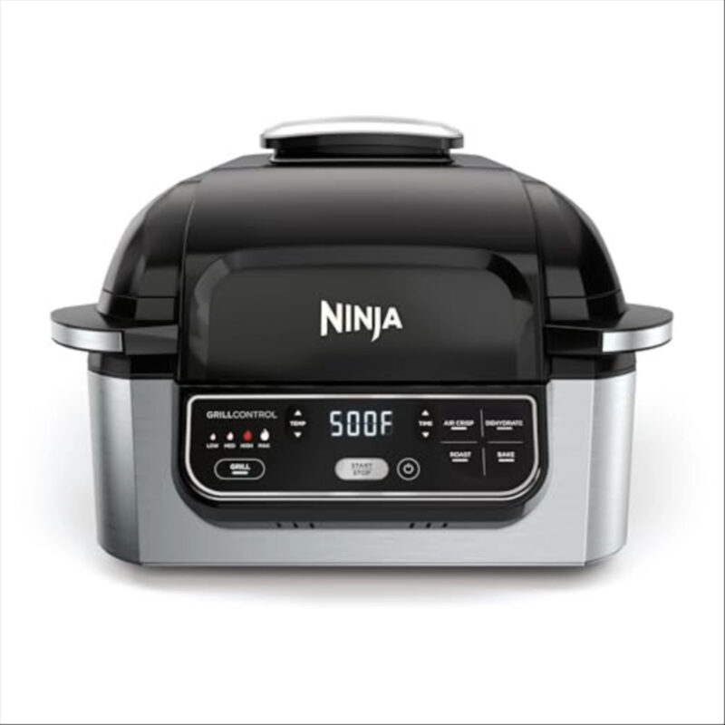 Ninja | Indoor Grill | Foodi | 5-in-1 (Grill, Air Fry, Roast, Bake, and Dehydrate | Fits up to 3lb Roast | Smoke Control System and Dishwasher Safe Parts| Black/Grey | AG301