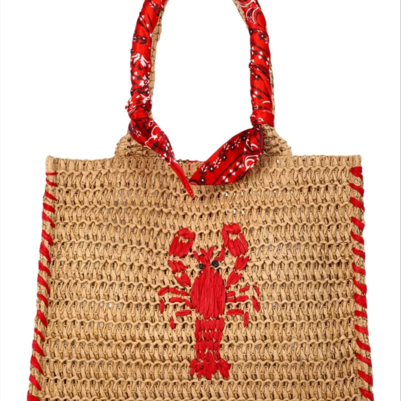 No Boundaries Women's Beach Icons Mini Straw Tote Bag, Natural with Lobster Embroidery