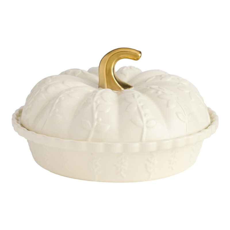 Off White Pumpkin Embossed Botanical Figural Deep Pie Dish