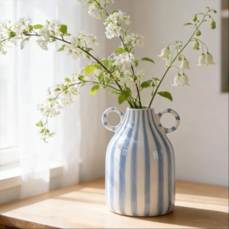 oliruim Ceramic Blue and White Striped Vase with Handle, Modern Minimalist Coastal Decor Home for Centerpieces for Tables, Kitchen Office, Bookshelf, Bedroom Aesthetic Decor (A)