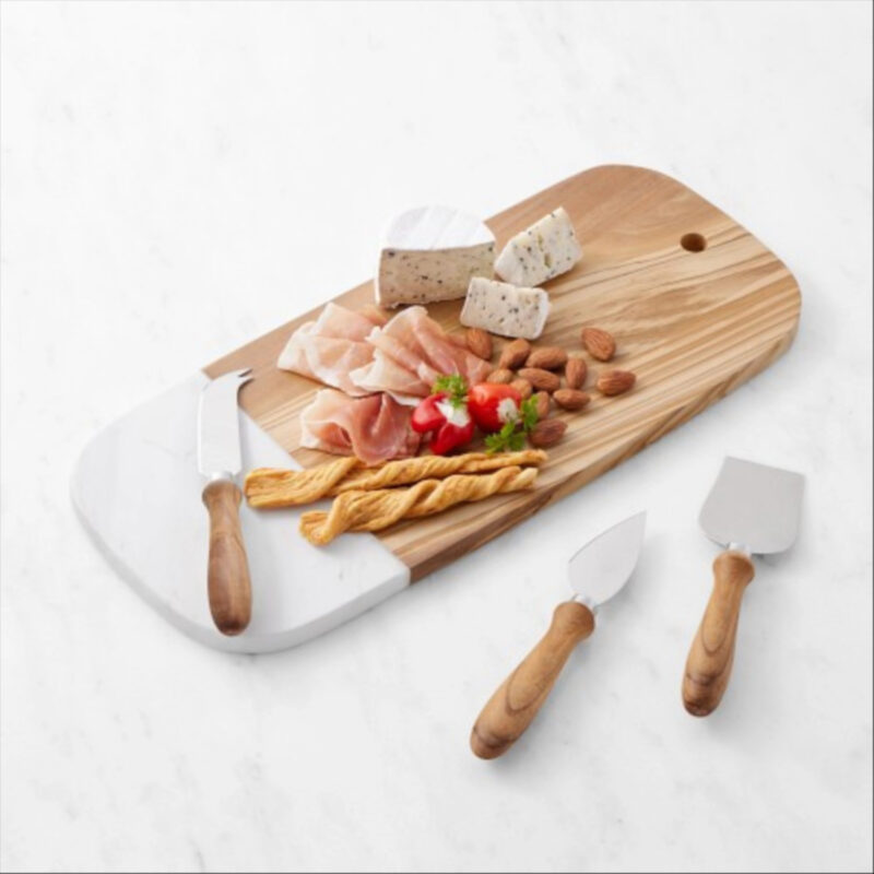 Olivewood & White Marble Rectangular Cheese Board with Cheese Knives
