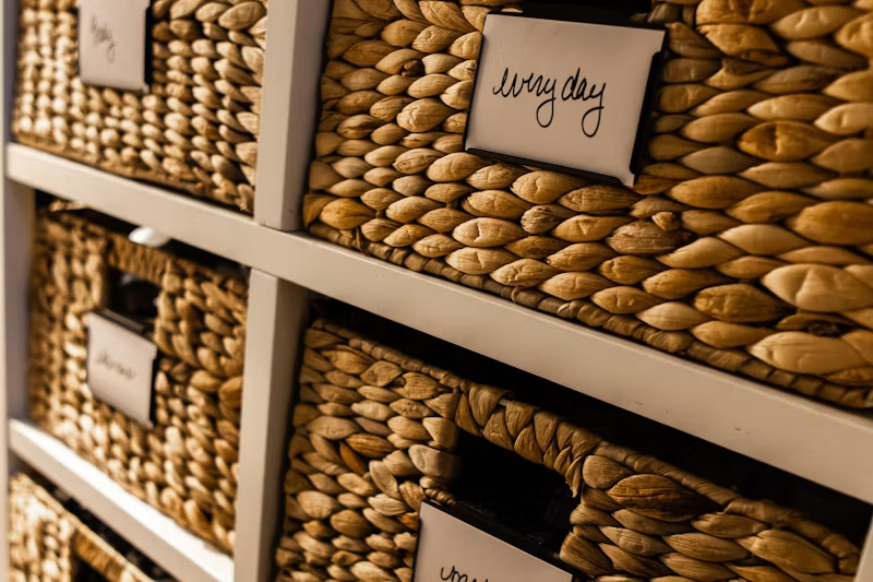 Woven storage baskets arranged on shelving.