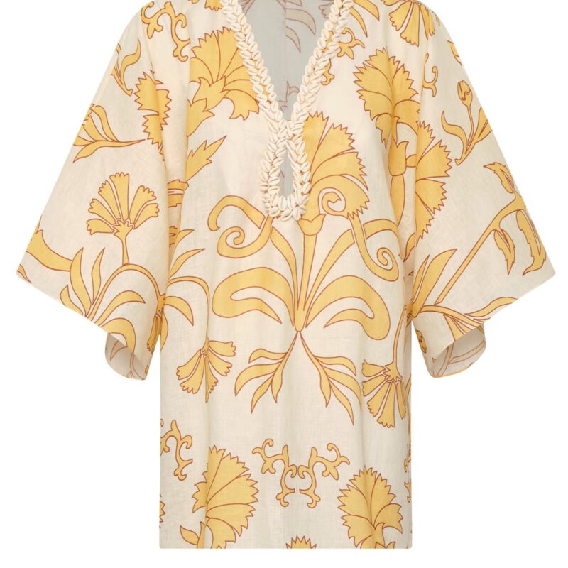 Andina Hand-Embroidered Linen Mini Tunic in Yellow Flowers Juan de Dios