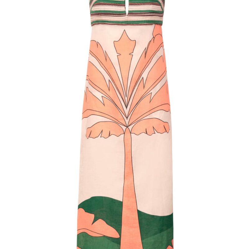 Antigua Linen Midi Dress in Peach Palms Juan de Dios