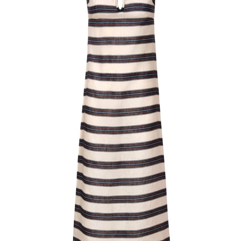 Antonia Linen Midi Dress in Navy Stripes Juan de Dios