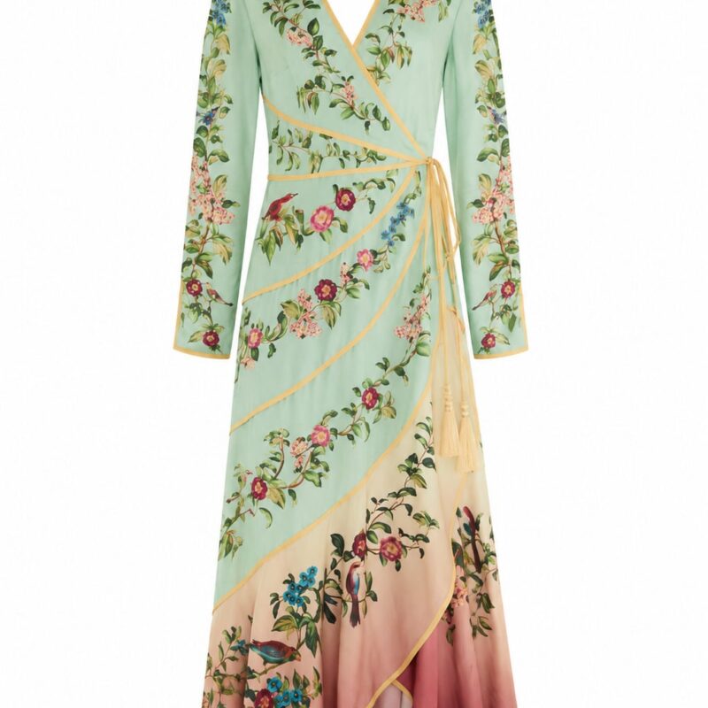 Birds Tree Green Mix Maxi Long Sleeve Dress Farm Rio