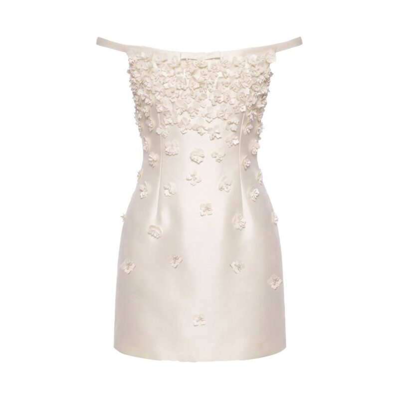 Cosette Dress in Ivory Silk Wool with Petite Fabric Flowers Alexandra Pijut