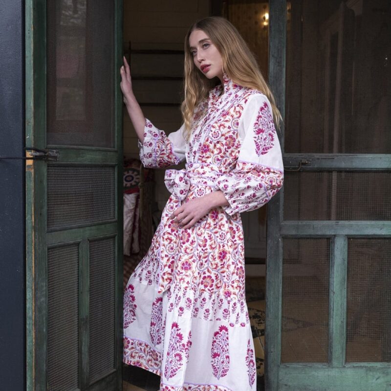 Flounce Dress in Cassis & Lavender Victorian Frieze Sue Sartor