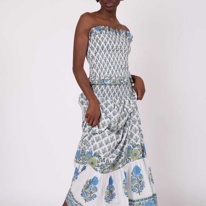 Flounce Smocked Waist Skirt in Bleu & Thyme Vintage Poppy Sue Sartor