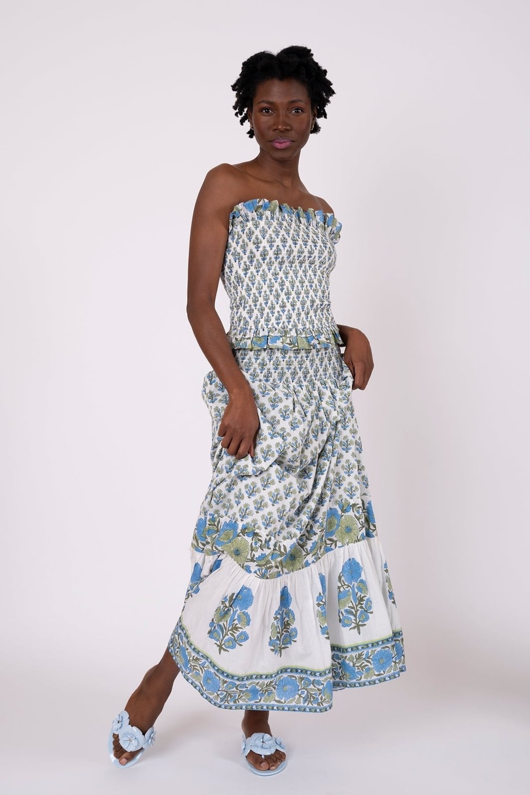 Flounce Smocked Waist Skirt in Bleu & Thyme Vintage Poppy Sue Sartor