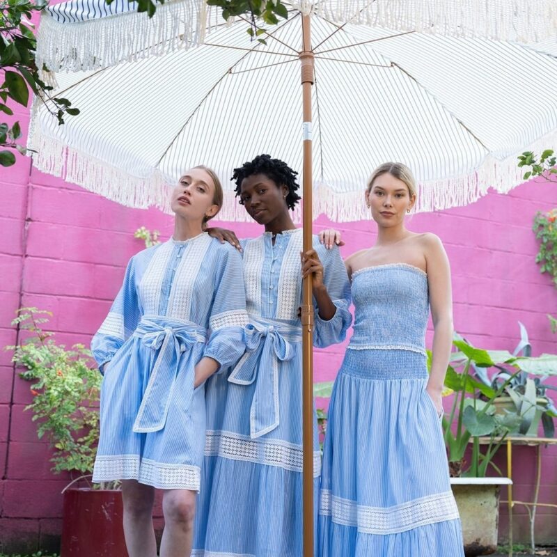 Flounce Smocked Waist Skirt in Blue & White Pinstripe Trellis Lace Sue Sartor